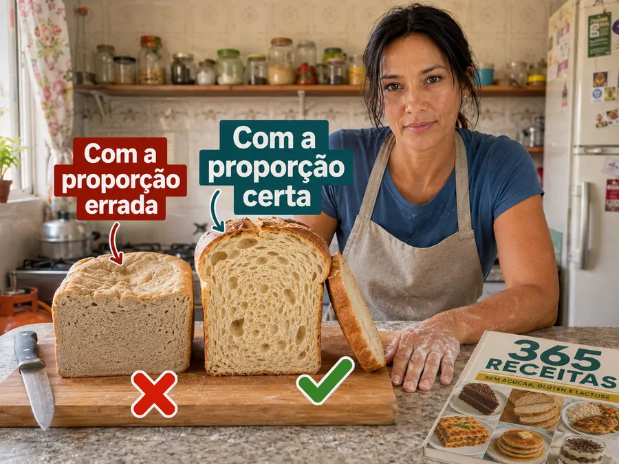 Dois pães lado a lado: o da esquerda afundado e denso, feito sem a proporção certa; o da direita alto e com o miolo cheio de alvéolos.