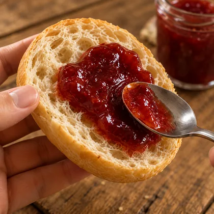 Mão segurando meio pão francês com geleia de fruta espalhada por cima