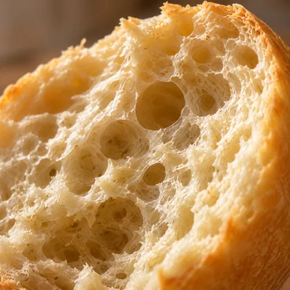 Close do miolo do pão francês, cheio de alvéolos abertos