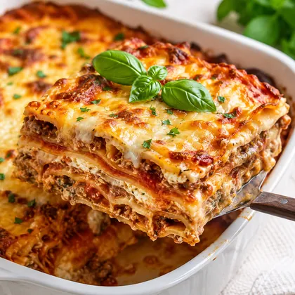Lasanha gratinada na travessa, com as camadas à mostra na porção servida