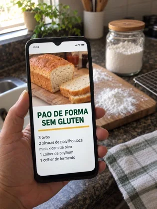 Mão segurando o celular com a receita de pão de forma sem glúten aberta, na cozinha